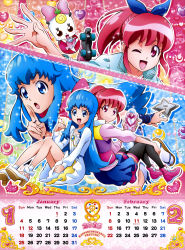 10s 2015 4girls absurdres aino_megumi back-to-back black_legwear blue_eyes blue_hair bow calendar copyright_name creature dual_persona february happinesscharge_precure! high_ponytail highres january long_hair multiple_girls official_art one_eye_closed pink_bow pink_eyes pink_hair ponytail precure ribbon_(happinesscharge_precure!) satou_masayuki shirayuki_hime shirt shoes short_hair sidelocks sitting skirt smile thighhighs