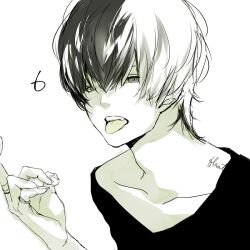 1boy black_hair black_shirt collarbone fang fingernails grey_eyes hair_between_eyes kana_(kwbr) long_sleeves looking_at_viewer male_focus middle_finger multicolored_hair numbered open_mouth original shirt signature simple_background solo teeth tongue two-tone_hair upper_body upper_teeth_only v-neck white_background white_hair