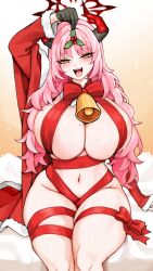 1girl :d bell blue_archive blush breasts christmas cleavage come_hither demon_horns freedom_(aass5404) fur_trim highres horns huge_breasts long_hair looking_at_viewer mole mole_on_breast multicolored_horns naked_ribbon navel neck_bell open_mouth pink_hair ribbon satsuki_(blue_archive) sitting smile solo stomach thick_thighs thighs two-tone_horns very_long_hair yellow_eyes
