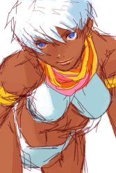 1girl anklet armlet barefoot bikini blue_eyes bracelet breasts calflet concept_art dark-skinned_female dark_skin earrings elena_(street_fighter) facing_viewer game_cg highres jewelry leaning_forward looking_at_viewer neck_ring nishimura_kinu non-web_source official_art short_hair simple_background solo street_fighter street_fighter_iii_(series) swimsuit toned toned_female white_background white_hair