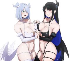 2girls absurdres aqua_eyes bare_shoulders black_choker black_hair black_nails blue_hair breast_press breasts bridal_gauntlets choker cleavage collarbone colored_inner_hair commentary criss-cross_halter cross-shaped_pupils daydarion elira_pendora english_commentary eyeshadow fangs grin hair_over_one_eye halterneck head_wings highres holding_hands hololive hololive_english horns large_breasts light_blush lingerie long_hair looking_at_another low_wings makeup medium_hair mole mole_on_armpit mole_on_thigh mole_under_eye multicolored_hair multiple_girls navel nerissa_ravencroft nijisanji nijisanji_en o-ring o-ring_bottom o-ring_top open_mouth purple_eyes purple_nails simple_background smile stomach symbol-shaped_pupils symmetrical_docking underwear underwear_only very_long_hair virtual_youtuber white_background wings