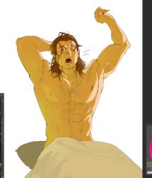 Rule 34 | 1boy, abs, arms behind head, art program in frame, baldur&#039;s gate, baldur&#039;s gate 3, bara, bed sheet, brown hair, closed eyes, elf, hairy, halsin, highres, large pectorals, male focus, mature male, medium hair, muscular, muscular male, naked sheet, nipples, pectorals, pointy ears, solo, sparse chest hair, sparse navel hair, stretching, thick eyebrows, titanium886, waking up, yawning