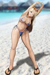 Rule 34 | 1girl, absurdres, armpits, arms up, bandaid, bandaid on face, bandaid on nose, beach, bikini, blonde hair, blue bikini, bracelet, centi (nikke), flip-flops, goddess of victory: nikke, heart, heart-shaped eyewear, highres, jewelry, long hair, micro bikini, midriff, nail polish, navel, ocean, sandals, side-tie bikini bottom, stretching, swimsuit, tan, tanline, toenail polish, toenails, yahaagiii