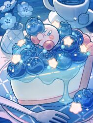 blue_eyes blue_theme blueberry blush_stickers cake cake_slice closed_mouth commentary cup flower food fork fruit harukui highres kirby kirby_(series) nintendo no_humans saucer smile solo star_(symbol) symbol-only_commentary tea teacup vase