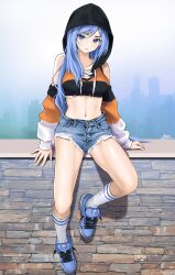 1girl bae_minah_(chaesu) black_hoodie blue_eyes blue_hair blue_shoes brick_wall chaesu commentary cropped_hoodie denim denim_shorts english_commentary full_body hair_between_eyes highres hood hood_up hoodie legs long_hair looking_at_viewer midriff multicolored_hoodie navel orange_hoodie original outdoors shoes short_shorts shorts sitting sneakers socks solo stomach torn_clothes torn_shorts very_long_hair white_socks