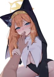 1girl animal_ears black_dress blue_archive blue_eyes blush breast_curtains breasts breath coif cross cross_necklace dress finger_in_another&#039;s_mouth flower hair_between_eyes halo hashtag-only_commentary highres jewelry large_breasts long_hair long_sleeves looking_at_viewer mari_(blue_archive) medium_breasts necklace nenight nun open_mouth orange_hair pov pov_hands raised_eyebrows saliva simple_background solo_focus white_background white_flower yellow_halo