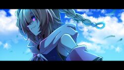 Rule 34 | 1girl, bare shoulders, braid, brown hair, cloud, detached sleeves, from side, genderswap, genderswap (mtf), hair over one eye, highres, letterboxed, meisho tabaru (racehorse), original, personification, purple eyes, ruisuke, solo, twin braids, upper body