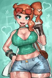 1girl alternate_breast_size aqua_eyes aqua_shirt black-framed_eyewear breasts choker collarbone crop_top curvy diamond_(shape) eyewear_on_head gloves green_eyes hair_ornament heart heart_hair_ornament highres long_hair looking_at_viewer nintendo no_coat open_mouth orange-tinted_eyewear orange_hair pokemon pokemon_swsh ribbed_shirt saiykik shiny_skin shirt shorts side_ponytail smile solo sonia_(pokemon) sunglasses swept_bangs thick_thighs thighs tinted_eyewear v-neck wide_hips