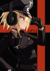 1girl absurdres adjusting_clothes adjusting_headwear belt black_background blonde_hair brown_gloves cross epaulettes gloves grin hand_on_own_hip hat headphones highres iron_cross jiseki_rena military_dress_uniform military_uniform nazi necktie original peaked_cap profile red_background red_eyes reichsadler rena_(jiseki_rena) short_hair smile solo throat_microphone totenkopf tsurime two-tone_background white_background