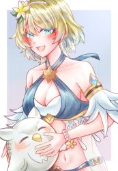 1girl absurdres ball beachball bikini blonde_hair blue_bikini blue_eyes blue_hair blush breasts character_ball cleavage commentary_request earrings feh_(fire_emblem_heroes) fire_emblem fire_emblem_heroes fjorm_(fire_emblem) fjorm_(summer)_(fire_emblem) gradient_hair highres jewelry large_breasts looking_at_viewer multicolored_hair navel nintendo official_alternate_costume open_mouth short_hair smile solo stomach swimsuit two-tone_hair yuria0322