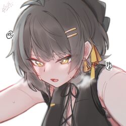1girl bare_shoulders black_hair breasts breath commentary_request dated earrings female_rover_(wuthering_waves) hair_ribbon jewelry large_breasts looking_at_viewer open_mouth portrait ribbon rover_(wuthering_waves) signature solo starblame triangle_earrings wuthering_waves yellow_eyes yellow_ribbon