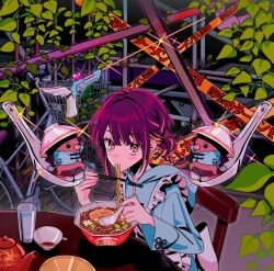 1girl apron bicycle blue_dress braid brown_eyes brown_hair chinese_clothes chopsticks colored_inner_hair cute_weapon dress eating fingernails food glasses gun hedgehog holding holding_chopsticks holding_spoon leaf long_sleeves looking_afar looking_at_viewer maid_apron mirror_tune_(zutomayo) multicolored_hair myon_(tokipi) nira-chan nira-chan_(mirror_tune)_(zutomayo) noodles official_alternate_costume official_alternate_hairstyle orange_hair spoon streaked_hair table uniguri_(zutomayo) weapon white_apron zutto_mayonaka_de_ii_no_ni