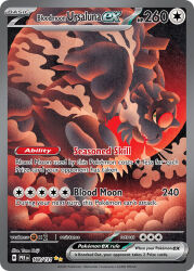 artist_name bloodmoon_ursaluna breath card_(medium) character_name claws company_name copyright_name copyright_notice english_text green_eyes hunched_over keiji_yano nintendo no_humans official_art open_mouth pokemon pokemon_card pokemon_tcg sharp_teeth solo standing teeth third-party_source trading_card ursaluna