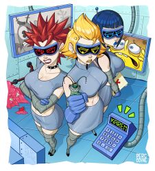 3girls artist_name blonde_hair blue_gloves blue_hair bob_cut calculator crop_top crossed_arms evil_karen gloves grey_shirt grey_skirt head-mounted_display highres humanization indoors karen_(spongebob) midriff multiple_girls percodine plankton:_the_movie plankton_(spongebob) red_hair shirt short_hair skirt sleeveless sleeveless_shirt smart_karen snarky_karen spiked_hair spongebob_squarepants spongebob_squarepants_(series) standing television