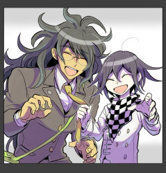 2boys border brown_jacket checkered_clothes checkered_scarf closed_eyes clothes_grab danganronpa_(series) danganronpa_v3:_killing_harmony facing_viewer fang gokuhara_gonta grey_border hair_between_eyes happy highres jacket kumakoro_(tetsupag) long_sleeves male_focus messy_hair multiple_boys necktie necktie_grab neckwear_grab oma_kokichi open_mouth purple_hair scarf shirt teeth upper_teeth_only white_shirt yellow_necktie
