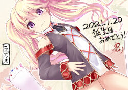 1girl bare_shoulders birthday blonde_hair character_name flat_chest hand_on_own_hip iris_mysteria! ladis_(iris_mysteria!) long_hair miniskirt necktie pet purple_hair skirt smug thighs twintails umarutsufuri