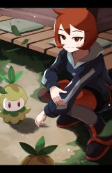 1girl absurdres arezu_(pokemon) black_footwear black_shorts boots brown_eyes brown_hair closed_mouth collarbone commentary_request cowlick creatures_(company) cushion falling_leaves game_freak gen_5_pokemon gradient_legwear highres jacket leaf long_sleeves nintendo outdoors pantyhose petilil pokemon pokemon_(creature) pokemon_legends:_arceus punikiman short_hair shorts smile squatting