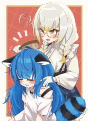 Rule 34 | 2girls, ahoge, animal ears, blonde hair, blue hair, blue skirt, blush, braid, brushing hair, brushing own hair, chromashift, closed eyes, collared shirt, colored tips, commentary, commission, english commentary, glasses, glitch stars, gradient hair, grey hair, hair brush, highres, holding, holding hair brush, kakue gaku, kanna yanagi, long hair, long sleeves, multicolored hair, multiple girls, open mouth, plaid clothes, plaid skirt, poko rakun, raccoon ears, raccoon girl, raccoon tail, second-party source, semi-rimless eyewear, shirt, short eyebrows, short sleeves, skeb commission, skirt, striped tail, t-shirt, tail, twin braids, virtual youtuber, white shirt, yellow eyes