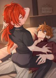 Rule 34 | 2boys, bed, black pants, black shirt, blue eyes, diluc (genshin impact), earrings, genshin impact, grey pants, hair between eyes, highres, hiki yuichi, jewelry, long hair, long sleeves, lying, male focus, multiple boys, open clothes, open mouth, open shirt, orange hair, pants, red eyes, red hair, red shirt, shirt, short hair, tartaglia (genshin impact), yaoi