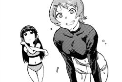 2girls black_hair blunt_bangs breasts closed_mouth crop_top hair_ornament large_breasts leaning_forward legs long_hair long_sleeves looking_at_viewer monochrome multiple_girls navel original pants short_hair smile standing stomach teeth thigh_gap thighs tsukudani_(coke-buta) turtleneck wet