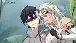 1boy 1girl adjutant_(snowbreak) aqua_eyes bare_shoulders black_hair breasts brown_hair choker closed_mouth coat dark-skinned_female dark_skin dress dutch_angle elbow_gloves elf eyebrows_hidden_by_hair flower foliage from_side gloves grey_coat hair_between_eyes hair_flower hair_ornament highres landscape large_breasts lips long_hair looking_afar looking_at_another multicolored_hair nita_(snowbreak) nita_-_pulse_(sylvan_spirit) off-shoulder_dress off_shoulder official_alternate_costume official_alternate_hairstyle official_art open_mouth outdoors pointy_ears raised_eyebrows short_hair sidelocks sleeveless smile snowbreak:_containment_zone streaked_hair sunglasses tongue tree upper_body white_dress white_flower white_gloves white_hair