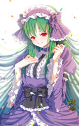 1girl absurdres black_bow blurry blurry_background bow depth_of_field dress frilled_dress frilled_hairband frills green_hair hairband highres layla_prismriver long_hair long_sleeves looking_at_viewer purple_dress purple_hairband purple_ribbon red_eyes ribbon signature simple_background smile solo touhou upper_body utyouten_akako very_long_hair white_background