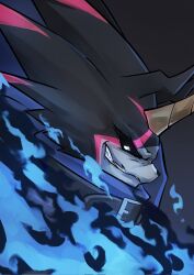 black_background black_sclera blue_fire colored_sclera digimon digimon_(creature) dragon dragon_horns fire gamr1p gulusgammamon highres horns profile simple_background single_horn smirk upper_body