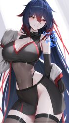 1girl absurdres arm_up armpit_crease bare_shoulders black_gloves black_skirt black_thighhighs blue_hair blush breasts cleavage cleavage_cutout clothing_cutout commission covered_navel cowboy_shot elbow_gloves gloves gradient_hair grey_jacket half-skirt heterochromia highleg highleg_leotard highres ikasamahideo jacket large_breasts leotard leotard_under_clothes long_hair multicolored_hair original pink_eyes red_hair see-through_clothes skeb_commission skirt smile solo thighhighs thighs very_long_hair yellow_eyes