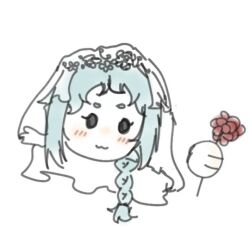 Rule 34 | 1girl, :3, aged up, anyijiunian, aqua hair, black eyes, blush, braid, flower, happy, holding, holding flower, long hair, persona, persona 3, simple background, single braid, solo, veil, white background, yamagishi fuuka