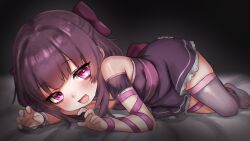 Rule 34 | 1girl, :d, arm ribbon, artist name, autreeyah, bare shoulders, bed sheet, blunt bangs, bow, claw pose, detached sleeves, dress, fallenshadow, fallenshadow (1st costume), fang, flat chest, hair bow, half updo, hands up, indie virtual youtuber, leg ribbon, light blush, looking at viewer, lying, no shoes, on side, open mouth, pink eyes, purple bow, purple dress, purple hair, purple ribbon, purple sash, purple sleeves, purple thighhighs, ribbon, sash, short dress, short sleeves, sidelocks, single thighhigh, skin fang, sleeveless, sleeveless dress, smile, solo, spaghetti strap, thighhighs, virtual youtuber