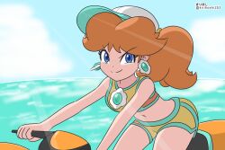 1girl bikini bikini_shorts blue_eyes blue_sky brown_hair closed_mouth cloud commentary_request day eyelashes hat highres kirihoshi long_hair mario_(series) mario_kart mario_kart_world navel nintendo on_jet_ski ponytail princess_daisy princess_daisy_(swimwear)_(mario_kart_world) shorts sky smile solo sunlight swimsuit twitter_username v-shaped_eyebrows water white_hat