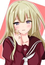 1girl arm_at_side assault_lily blonde_hair blunt_bangs blush brown_sailor_collar commentary_request ebisu_nobu hand_on_own_cheek hand_on_own_face hand_up highres jewelry kanba_girls_high_school_uniform light_smile long_sleeves looking_at_viewer miyagawa_takane neckerchief parted_lips purple_eyes rectangle red_background red_shirt ring sailor_collar school_uniform serafuku shirt single_sidelock solo two-tone_background upper_body white_background white_neckerchief