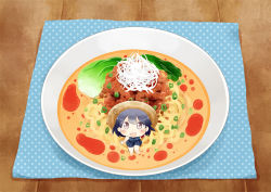 1girl ahoge black_hair blue_one-piece_swimsuit blush breasts chibi commentary_request female_focus food food_focus hair_between_eyes hinata_yuu in_food kantai_collection long_hair looking_at_viewer mini_person minigirl one-piece_swimsuit open_mouth polka_dot polka_dot_swimsuit scrunchie smile solo swimsuit ushio_(kancolle) ushio_(swimsuit)_(kancolle) wrist_scrunchie