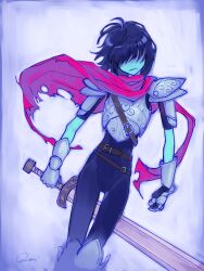 1other :| androgynous armor belt blue_bodysuit blue_hair blue_skin bodysuit bodysuit_under_clothes breastplate cape chest_belt closed_mouth colored_skin covered_eyes deltarune facing_viewer feet_out_of_frame gauntlets highres holding holding_sword holding_weapon kris_(deltarune) other_focus pauldrons pink_cape qaiiri short_hair shoulder_armor signature solo sword torn_cape torn_clothes weapon white_background