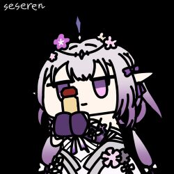 1girl animated animated_gif artist_name castorice_(honkai:_star_rail) chibi dress expressionless gloves gradient_hair grey_dress holding honkai:_star_rail honkai_(series) long_hair lowres multicolored_hair pointy_ears purple_gloves seseren solo tiara white_hair