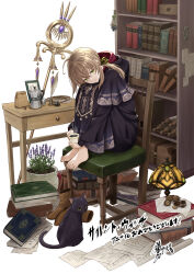 1girl :o absurdres ahoge barefoot black_cat book bookshelf boots braid brown_hair cat chair coffee coffee_mug cup flower_pot green_eyes hair_between_eyes highres holding holding_cup hood hooded_robe lamp long_hair long_sleeves looking_at_viewer monica_everett mug nabeshima_tetsuhiro on_chair open_mouth purple_robe ribbon robe silent_witch simple_background sitting solo staff weapon white_background