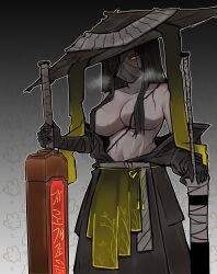 1girl absurdres animal_print bandage_over_one_eye bandaged_head bandages bandages_over_mouth black_hair chinese_clothes commentary_request convenient_censoring covered_mouth dual_wielding gradient_background highres holding holding_sword holding_weapon injury jjong_(7_jjong_9) korean_commentary limbus_company long_hair long_sleeves navel one_eye_covered partially_shaded_face planted planted_sword planted_weapon project_moon rabbit_print scar scar_on_chest simple_background solo steaming_body sword weapon yellow_eyes zilu_(project_moon)