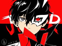 Rule 34 | 1boy, absurdres, amamiya ren, black background, black coat, black hair, black jacket, blazer, card, coat, collared coat, covered mouth, dated, eye mask, eyelashes, floating card, grey eyes, hair between eyes, heterochromia, high collar, highres, jacket, joker (persona 5), male focus, messy hair, nostrils, persona, persona 5, playing card, qianyimuthyimu, red background, red eyes, short hair, signature, solo, split theme, straight-on, two-tone background, upper body, white mask