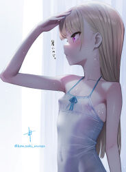 1girl artist_name blonde_hair breasts covered_erect_nipples covered_navel dress halterneck kanzaki_muyu long_hair open_mouth original purple_eyes signature small_breasts solo sundress translation_request upper_body white_dress