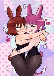 2girls :d animal_ears black_leotard blush brown_hair brown_pantyhose evygur0 from_side heart highres hug kim_pine leotard multiple_girls open_mouth pantyhose pink_hair playboy_bunny rabbit_ears rabbit_girl rabbit_tail ramona_flowers scott_pilgrim_(series) scott_pilgrim_takes_off short_hair smile tail teeth upper_teeth_only yuri