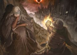 1girl 1other ambiguous_gender architecture armor ashen_one_(dark_souls) black_dress capelet clenched_hand cloak commentary covered_eyes dark_souls_(series) dark_souls_iii dress eclipse english_commentary eye_mask fire_keeper full_armor hand_on_own_cheek hand_on_own_face helmet highres knight kwiaty_k long_hair mask red_sky sitting sky solar_eclipse