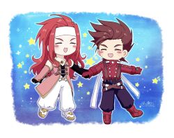 Rule 34 | 2boys, belt, boots, brown hair, chibi, chibi only, closed eyes, gloves, happy, headband, highres, holding hands, hzk882, lloyd irving, male focus, multiple boys, open mouth, pants, red gloves, red hair, star (symbol), suspenders, tales of (series), tales of symphonia, white headband, white pants, yaoi, zelos wilder