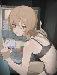 1girl absurdres bags_under_eyes beer_can black_bra black_panties blush bra brown_eyes brown_hair can chachironi3 clio_aite drink_can freckles highres holding holding_can panties phase_connect refrigerator short_hair solo sweat underwear virtual_youtuber