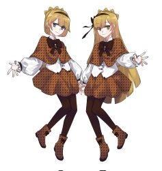 Rule 34 | 1boy, 1girl, blonde hair, bow, bowtie, braid, brown bow, brown bowtie, brown capelet, brown hairband, brown pantyhose, brown ribbon, brown shoes, brown skirt, capelet, crown braid, full body, green eyes, hairband, highres, ifudyci, lobotomy corporation, long hair, long sleeves, looking at viewer, pantyhose, project moon, ribbon, shirt, shoes, short hair, simple background, skirt, smile, standing, tiphereth a (project moon), tiphereth b (project moon), white background, white shirt