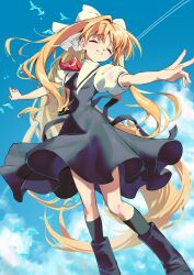 Rule 34 | 1girl, air (visual novel), ascot, bird, black boots, black dress, black socks, blonde hair, boots, closed eyes, contrail, dress, feet out of frame, highres, kamio misuzu, kneehighs, long hair, outstretched arms, ponshu (ponshuislife), ponytail, red ascot, school uniform, shirt, smile, socks, solo, white shirt