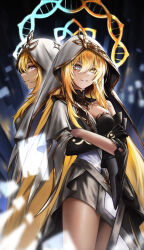 Rule 34 | 2girls, absurdres, back-to-back, black gloves, blonde hair, blue eyes, breasts, crossed arms, dress, dual persona, genshin impact, gloves, hair between eyes, halo, heterochromia, highres, hood, hood up, long hair, looking at viewer, multiple girls, parted lips, rhinedottir (genshin impact), sam44 e, smile, veil, very long hair, yellow eyes