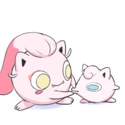 animal_focus blue_eyes blush_stickers closed_mouth fangs fangs_out full_body gen_1_pokemon grabbing_another&#039;s_face head_grab jigglypuff jigglypuffhatta looking_at_another multicolored_hair nintendo no_humans pink_hair pokemon pokemon_(creature) scream_tail simple_background standing two-tone_hair white_background yellow_eyes