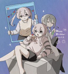 Rule 34 | 3girls, absurdres, barefoot, black pantyhose, black shorts, box, braid, cake, cake slice, cardboard box, closed eyes, closed mouth, commentary request, creator connection, dot mouth, facing back, facing viewer, floating hair, food, frsc (vocaloid), fruit, gradient background, grey eyes, grey hair, hair over shoulder, happy birthday, hell mp (vocaloid), highres, holding, holding cake, holding food, holding test tube, imminent bite, knee up, lab coat, long hair, long sleeves, looking at viewer, low twin braids, multiple girls, outage (vocaloid), pantyhose, pennant, reclining, sabaku (saba9), shorts, sitting, smile, songover, sparkle, standing, strawberry, string of flags, striped sleeves, sweater vest, test tube, traditional media, twin braids, twintails, vocaloid, watercolor pencil (medium), window (computing), yellow sweater vest
