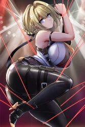 Rule 34 | 1girl, absurdres, black pants, blonde hair, bound, bound wrists, breasts, cleavage, commentary, english commentary, evelyn chevalier, high heels, highres, large breasts, paid reward available, pants, purple eyes, see-through cleavage, see-through clothes, shirt, short hair, skin tight, slash-ex, solo, tied up (nonsexual), white shirt, zenless zone zero