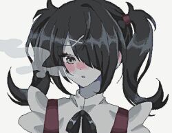 Rule 34 | 1girl, :o, ame-chan (needy girl overdose), black hair, blush, grey eyes, hair ornament, hair over one eye, looking at viewer, lowres, neck ribbon, needy girl overdose, pixel art, portrait, reno (re leno), ribbon, short twintails, smoke, solo, twintails, white background, winged sleeves, x hair ornament